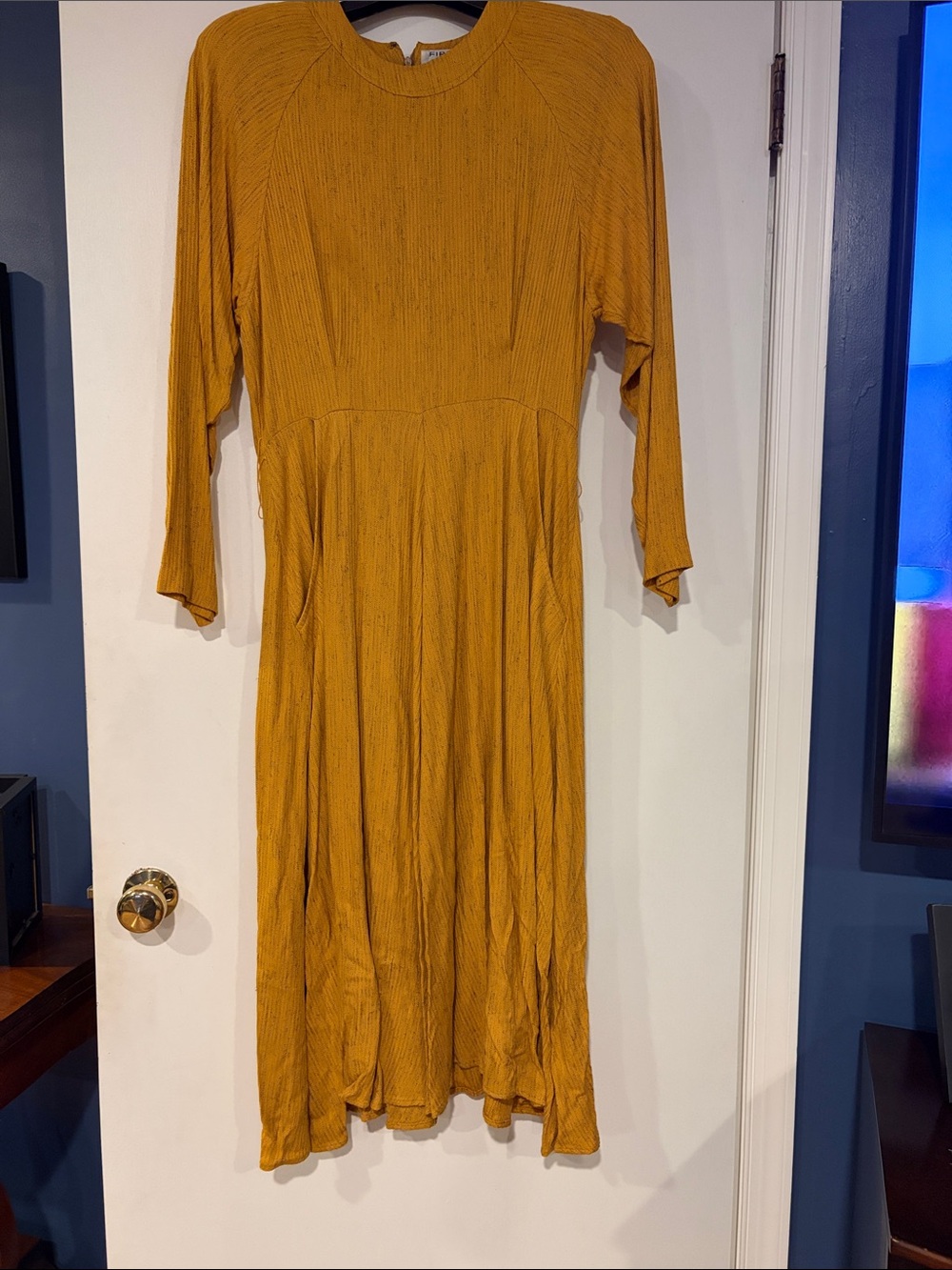 Vintage First Editions Mustard Yellow Ribbed Midi Dress with Pockets Size